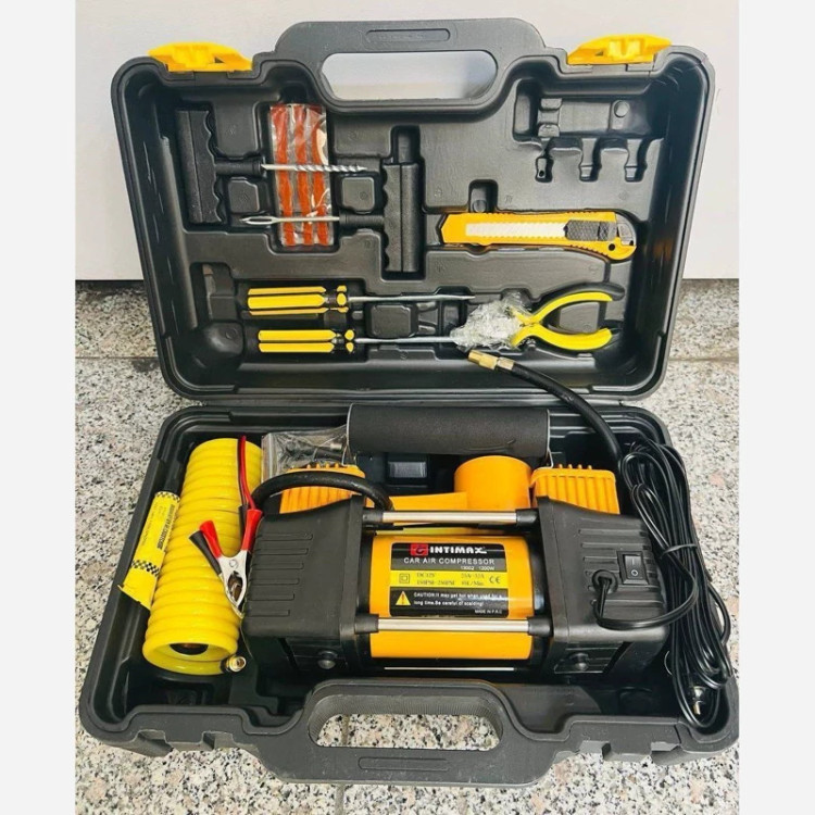 پمپ باد فندکی 1200 وات اینتیمکس خروجی پرقدرت 150 تا 250 psi به همراه لوازم کامل و کابل اتصال به باطری