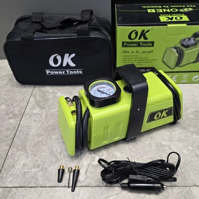 کمپرسور فندکی دوحالته برق شهری و فندکی خودرو OK با کیف حمل برزنتی