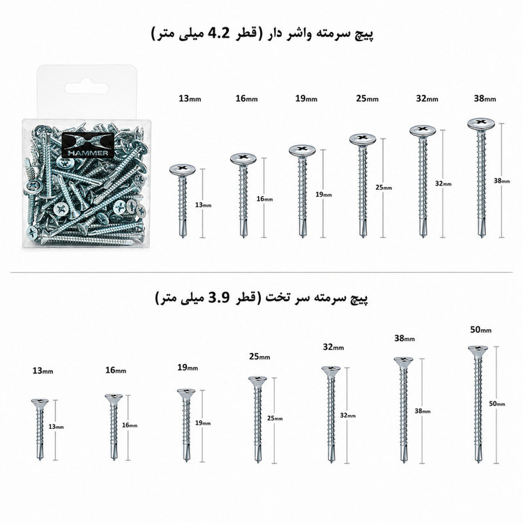 پیچ سرمته هامر مدل سرتخت و واشردار بسته 130 عددی